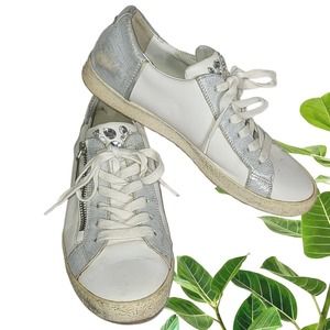 PAUL GREEN Women's US 8.5 UK 6 White Leather Lace Up Bling Sneakers Side Zipper